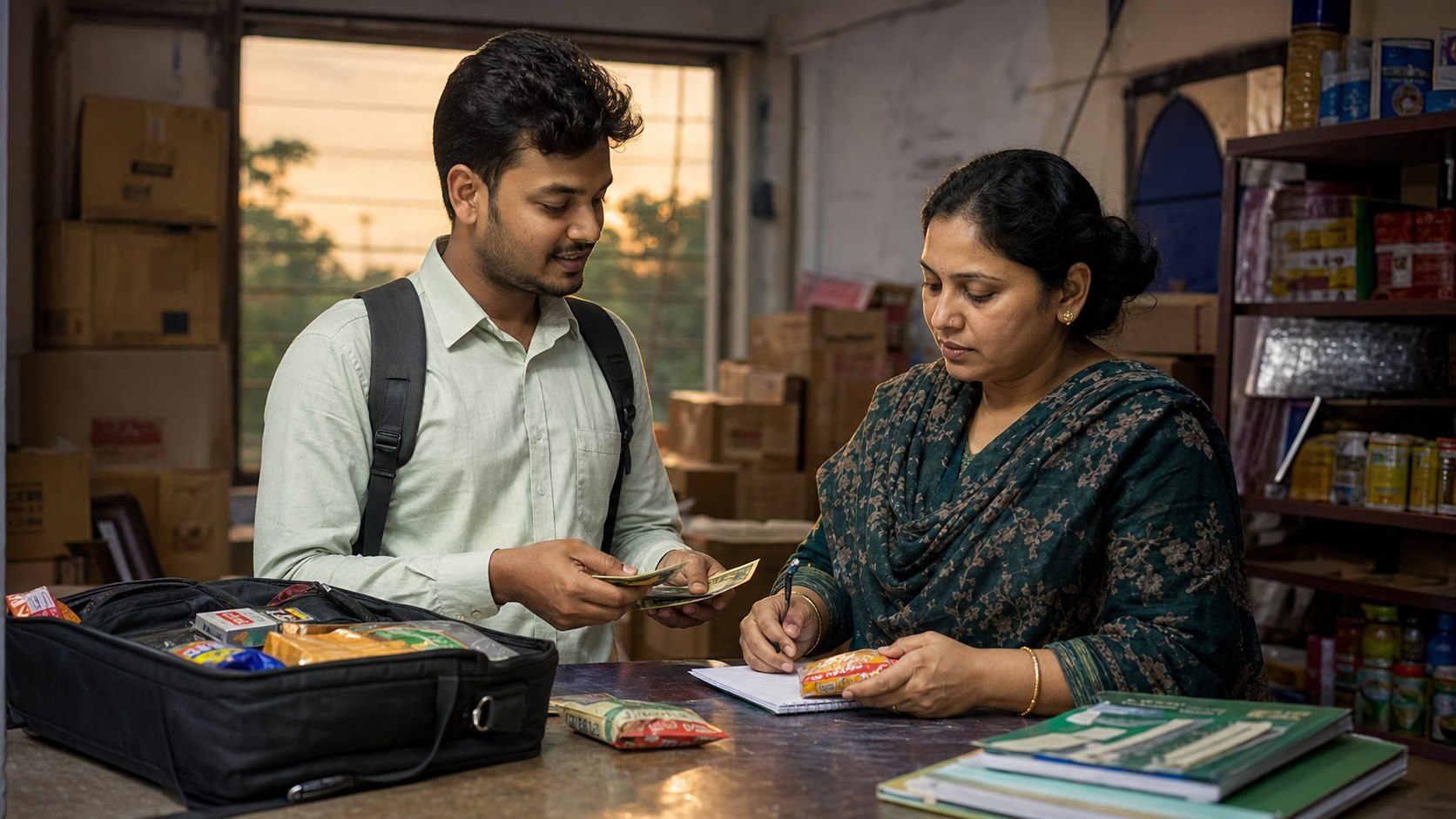 ইভিনিং সেটেলমেন্টে রুটের ক্যাশ ও ফেরত পণ্য মেলাচ্ছেন একজন বাংলাদেশি DSR ও নারী সুপারভাইজার