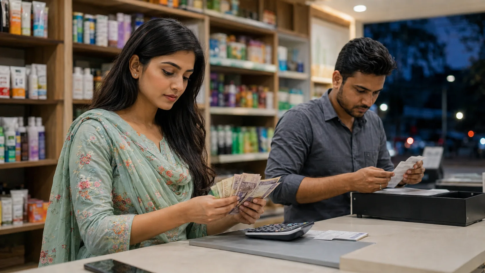 বাংলাদেশের একটি পাড়ার দোকানে মালিক ও ক্যাশিয়ার রসিদ ও ক্যালকুলেটরের পাশে দিনশেষের নগদ টাকা গুনছেন