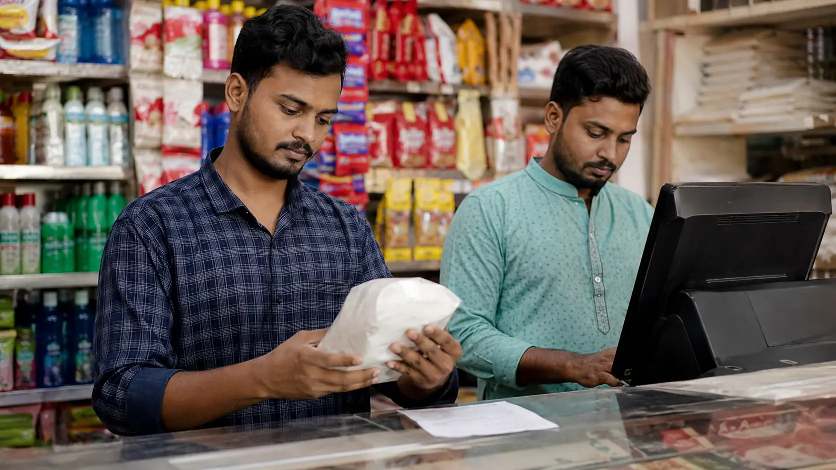 Bangladeshi retail shop staff checking a returned product, original invoice, refund, and stock status at a POS counter