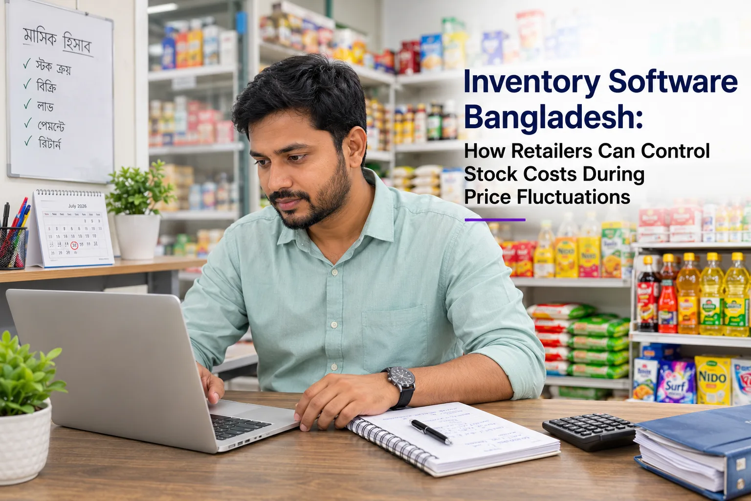 Bangladeshi retailer checking average product cost, purchase receives, supplier payments, and inventory records in StockLedger