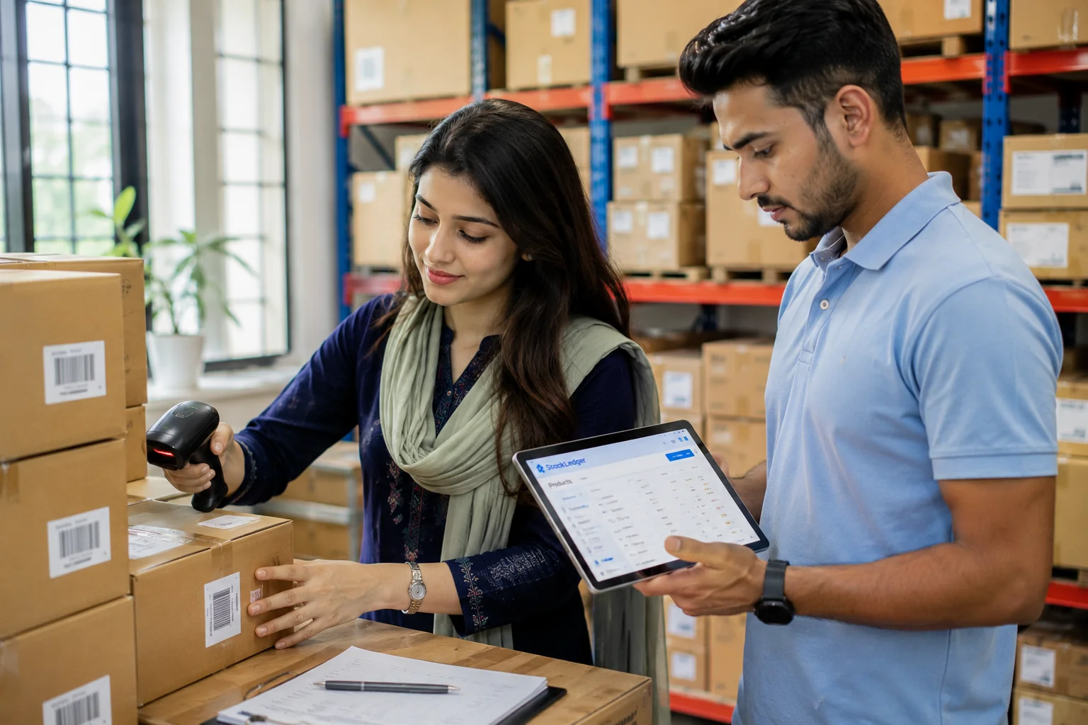 Bangladeshi retail business owner reviewing an illustrative inventory and daily-profit workflow, not a customer photograph